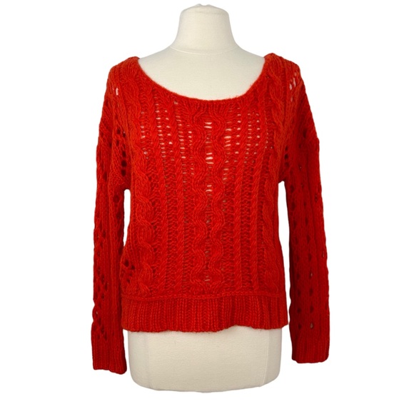 Free People Mohair Blend Wildfire Red Fluff Cable Knit Pullover Sweater Sz XS - Picture 2 of 7